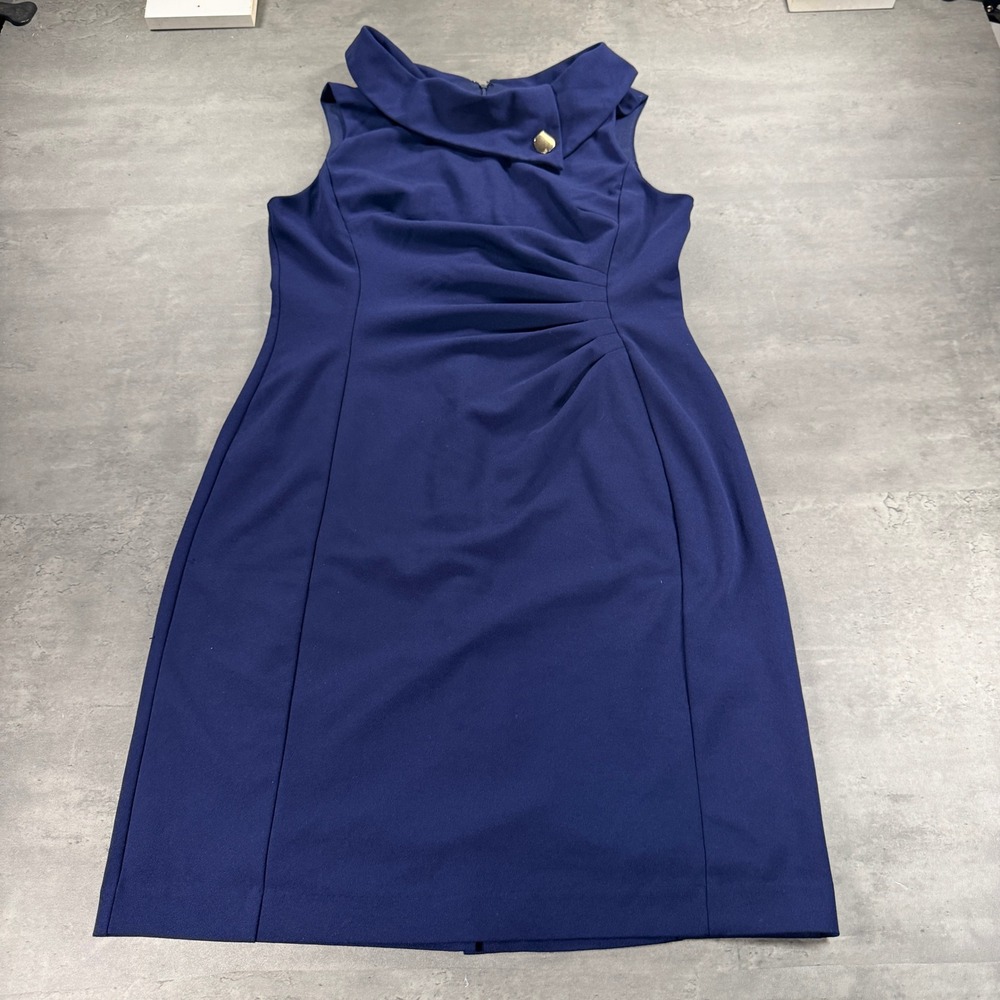 Tahari ASL Dress 12 Sheath Navy Blue Portrait Envelope Collar Side Pleated $129